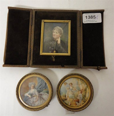 Lot 1385 - Continental School: Portrait Miniature of an 18th Century Lady, half length, in white dress sitting