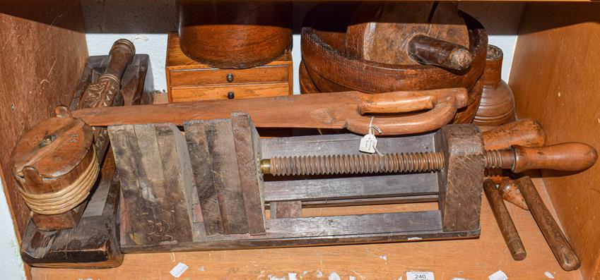 Lot 240 - A quantity of 19th century treen and wooden items including a grain measure, small specimen...