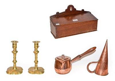 Lot 251 - An 18th century oak candle box, a pair of brass candlesticks, a copper ale muller and a copper...