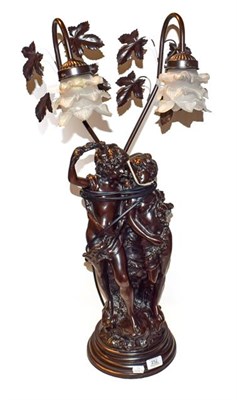 Lot 252 - A bronzed composite figural twin branched table lamp, 65cm high