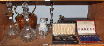 Lot 257 - Cased silver three piece cruet, cased silver teaspoons, plated ware, pair of decanters,...