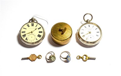 Lot 264 - Two silver cased open faced pocket watches, two silver rings with Jasperware tablets, a brass...