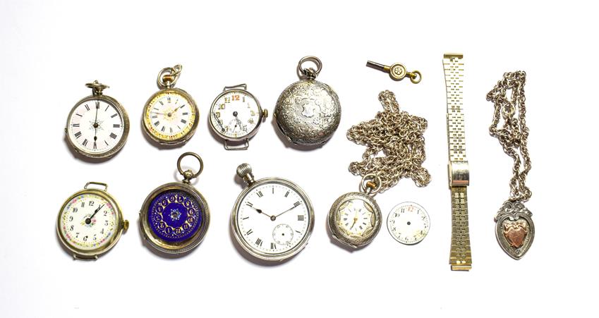 Lot 265 - A silver open faced pocket watch, four lady's fob watches with cases stamped 935, fine silver and a