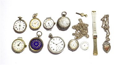 Lot 265 - A silver open faced pocket watch, four lady's fob watches with cases stamped 935, fine silver and a