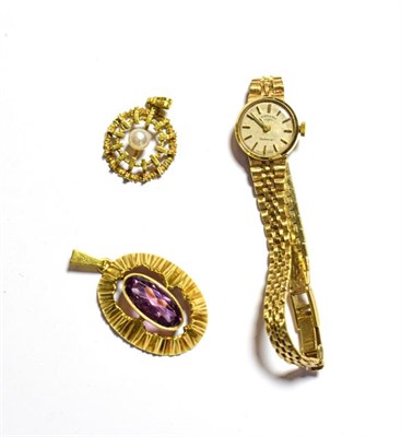 Lot 273 - Gold rotary bracelet watch and two gold plated pendants, gross weight 26 grams