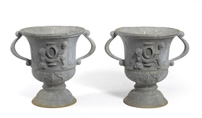 Lot 1389 - A Pair of Lead Campana Urns in 17th Century Style, with scroll handles, cast with putti and...