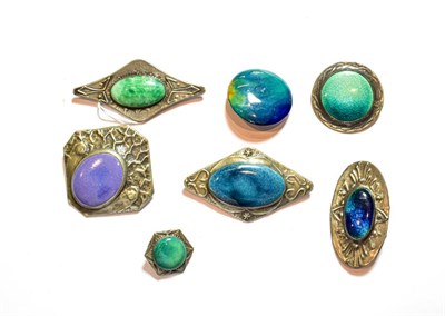 Lot 276 - Seven Arts & Crafts brooches, mainly pewter and with Ruskin type stones (7)