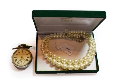 Lot 286 - A silver pocket watch and a double row simulated pearl necklace (2)