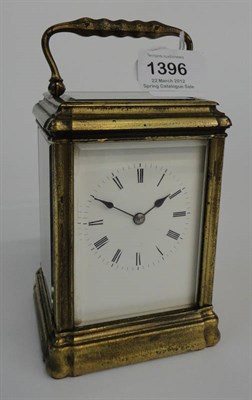 Lot 1396 - A Gilt Brass Striking Carriage Clock, circa 1890, the gorge case with carrying handle and...