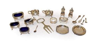 Lot 346 - A collection of sssorted silver, including a six piece condiment set, with four associated...