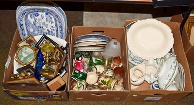 Lot 376 - Three boxes of mainly ceramics and glass including Torquay pottery, two Don pottery daisy jugs,...