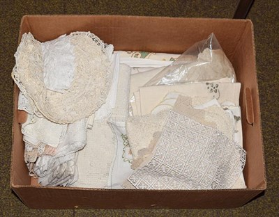 Lot 398 - Embroidered net veil, Honiton and other lace trims, assorted linen etc (one box)