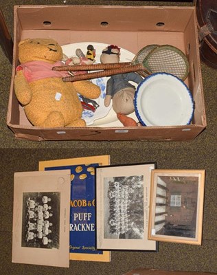 Lot 400 - Oak framed woolwork of a seated cat, teddy bear and duck soft toy, pearlware feather edged...