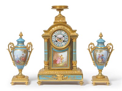 Lot 1402 - An Ormolu and Porcelain Mounted Striking Mantel Clock with Garniture, circa 1890, porcelain...