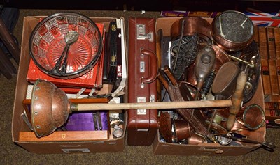 Lot 404 - Two boxes of metalwares including antique copper measures, jugs and various silver plate...