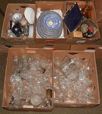 Lot 406 - Five boxes of mixed 20th century glassware and 19th century metalwares and ceramics, including...