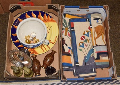 Lot 410 - Two boxes of assorted including three Egyptian style embroidered pictures, silver plate and...