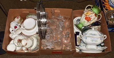 Lot 411 - Three boxes of glass and ceramics including a 20th century Vienna tureen, stand and cover, pair...