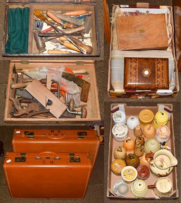 Lot 412 - Two boxes containing assorted pottery honey jars, two Crown Devon musical vessels, textiles,...