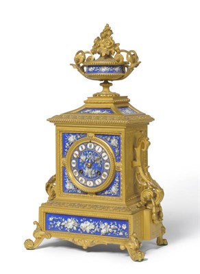 Lot 1404 - An Ormolu and Porcelain Mounted Striking Mantel Clock, circa 1880, dark blue floral painted...