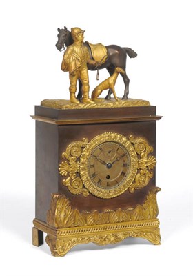 Lot 1405 - A Regency Ormolu Mounted Mantel Timepiece, surmounted by a racehorse, jockey and dog, applied...