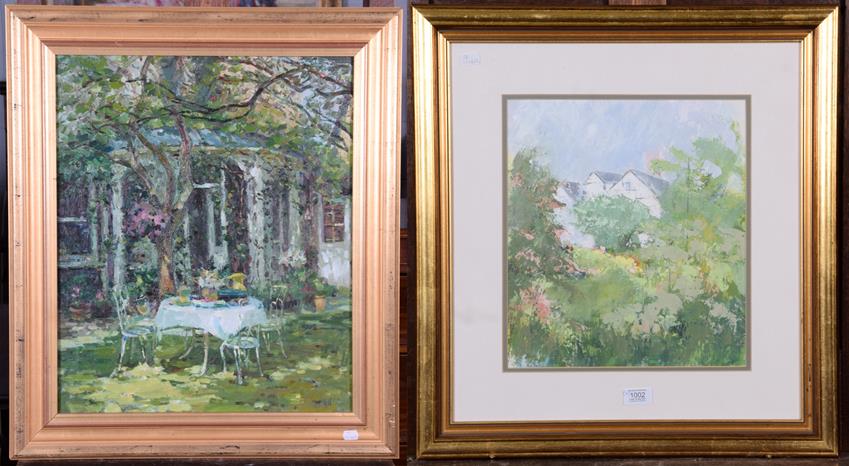 Lot 1002 - V Naylan, garden scene, oil on canvas, together with an unsigned mixed media on paper, country...