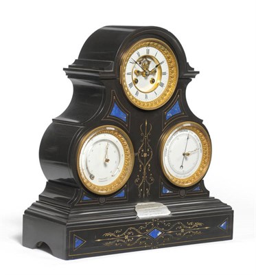 Lot 1407 - A Black Slate Striking Mantel Clock Combined with Thermometer and Aneroid Barometer, circa...