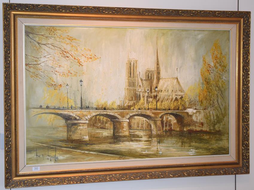 Lot 1003 - Ben Maile (b.1922) Notre Dame from the Seine Signed, oil on canvas, 75cm by 120cm  Artist's...