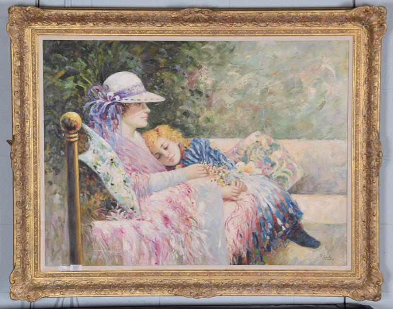 Lot 1007 - P Camta (Contemporary) mother and child seated in a garden, signed oil on canvas, 74cm by 100cm