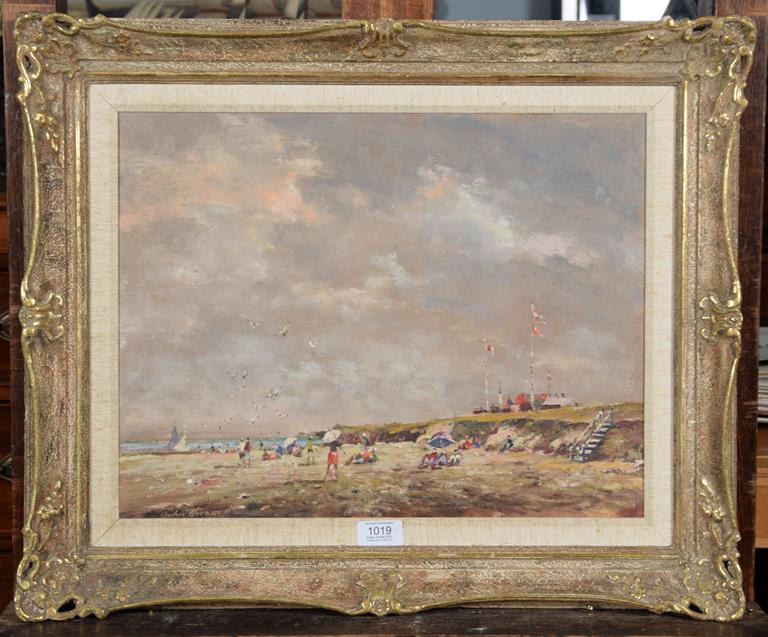Lot 1019 - John Horwood (b.1934) Figures on a beach with parasols, signed, indistinctly dated, oil on...