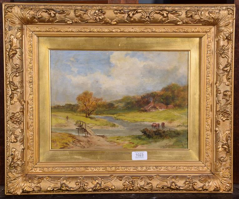 Lot 1023 - James Peel RBA (1811-1906), Cattle by a river crossing, signed oil on canvas, 24.5cm by 34cm