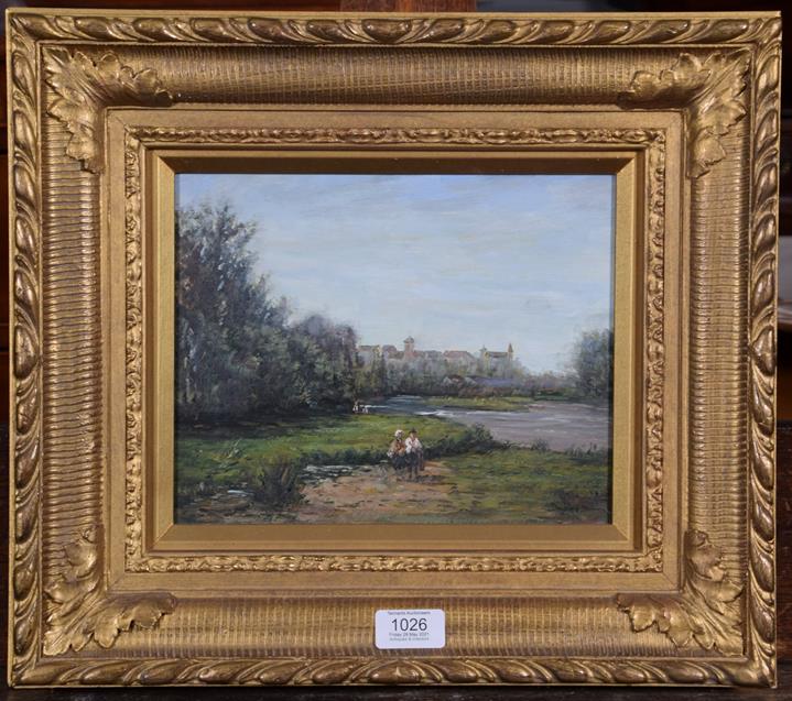 Lot 1026 - Dupres (20th century), River landscape with figures, signed, oil on panel, 20cm by 25cm