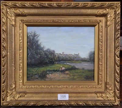 Lot 1026 - Dupres (20th century), River landscape with figures, signed, oil on panel, 20cm by 25cm