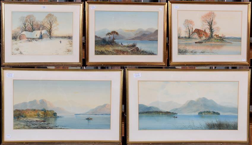 Lot 1030 - A small group of watercolours by W Baker, to include fishing on the loch and country cottages...