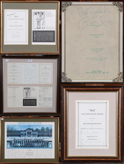 Lot 1034 - Sir Leonard Hutton autograph items including anniversary dinner menus and cricket hall of fame...