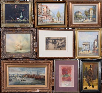 Lot 1035 - A collection of oils on canvas to include: city river views; French city views; marine oils;...