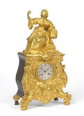 Lot 1413 - A French Ormolu Striking Mantel Clock, circa 1840,  surmounted with a seated lady in costume dress