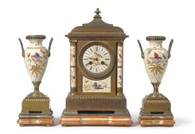 Lot 1414 - A Gilt Brass and Porcelain Mounted Striking Mantel Clock with Garniture, circa 1890, with multi...