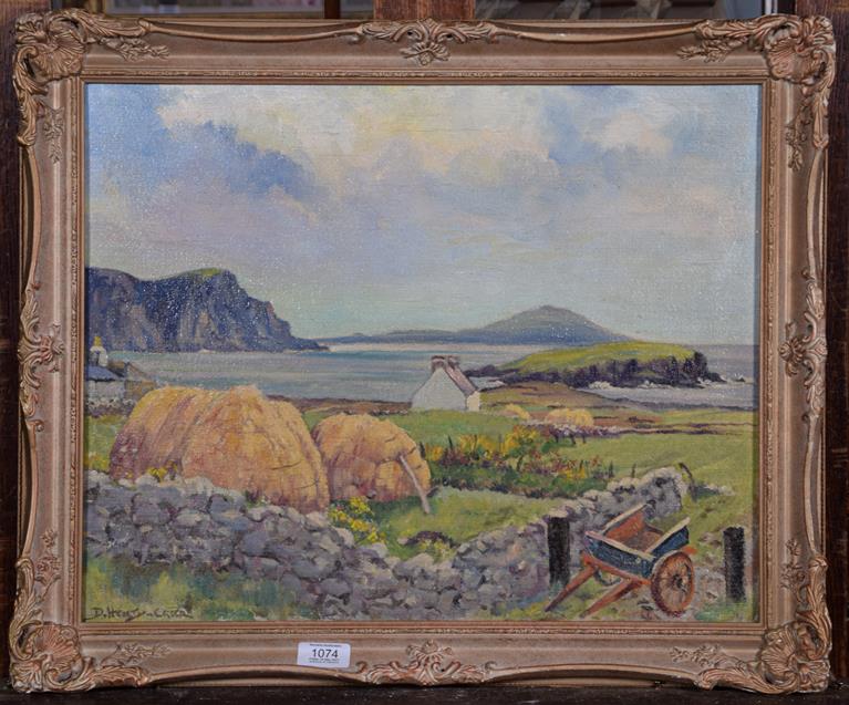 Lot 1074 - Deirdre Henty-Creer (1918-2012) Australian/British, Coastal view with cottage and a haycart,...