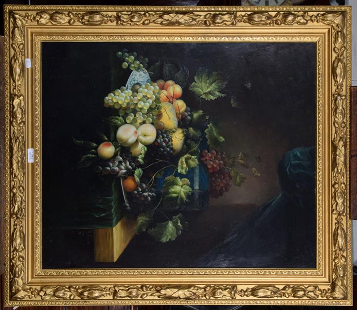Lot 1078 - R Casper (Contemporary), Still life of fruit on a table, signed, oil on board, 75cm by 62cm