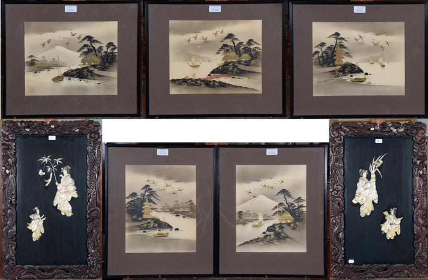 Lot 1081 - Five Japanese watercolour pictures with gilt highlights depicting river scenes and boats, two large