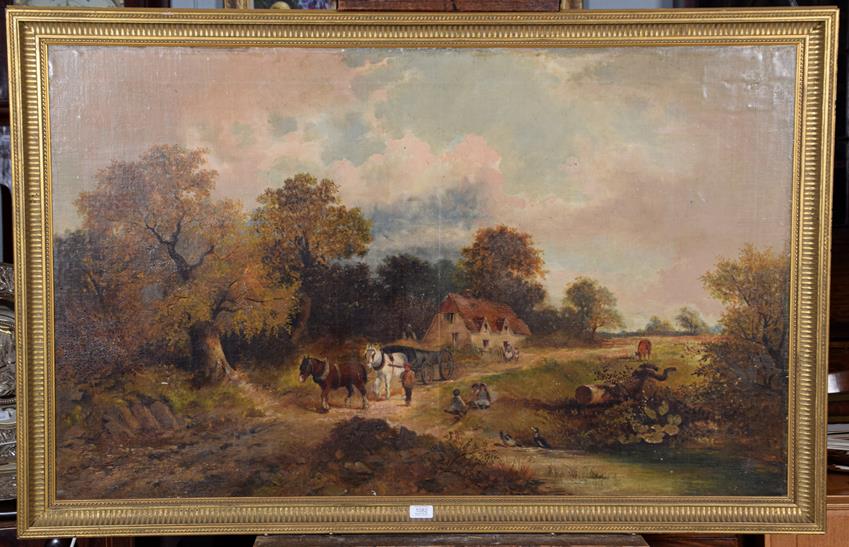 Lot 1082 - 19th century English School, Country landscape with horse, cart and children playing,...