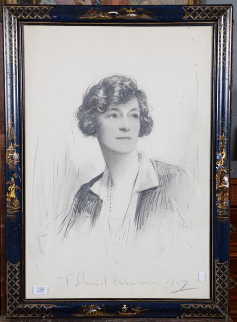 Lot 1089 - Charcoal portrait of a lady, indistinctly signed and dated 1927, in a blue lacquered chinoisere...