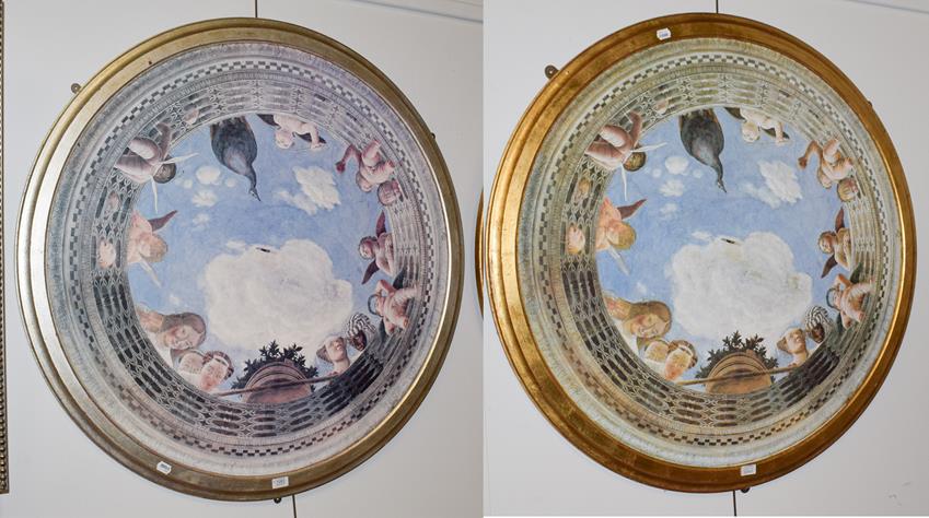 Lot 1093 - A pair of circular ceiling mounted panels, modern in the Renaissance style, with moulded silver and