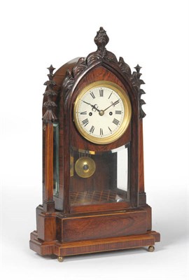 Lot 1420 - A Rosewood Striking Mantel Clock, circa 1880, the Gothic style case with bevelled glass front...