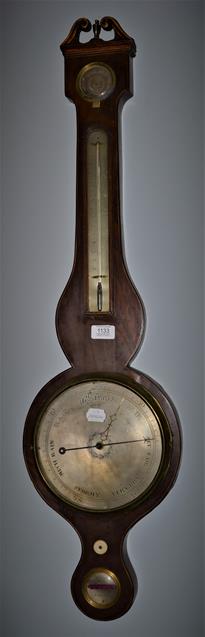 Lot 1133 - A 19th century mahogany wheel barometer with silvered dials, signed Mangarballum, Leicester, 97cm