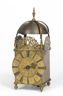 Lot 1421 - An Early 18th Century Brass Striking Lantern Clock, signed Rich Marsh, Ipswich, with pierced frets