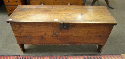 Lot 1168 - A 17th century oak six plank coffer, chip carved and with iron lock plate, 114cm by 39cm by 56cm
