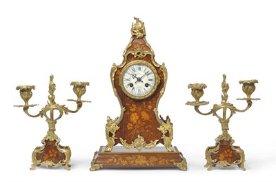 Lot 1431 - A Rosewood Inlaid Striking Mantel Clock with Garniture, signed J.Vauque E.Dalibon Caen, circa 1890