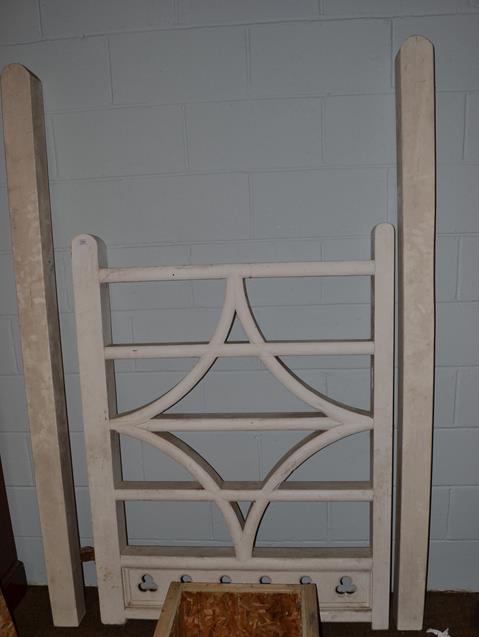 Lot 1264 - A painted wooden five bar gate with gate posts, with diamond motif and panel of six trefoil,...